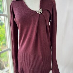 Burgundy Knit Top with Collar & Butterfly Broche Pin